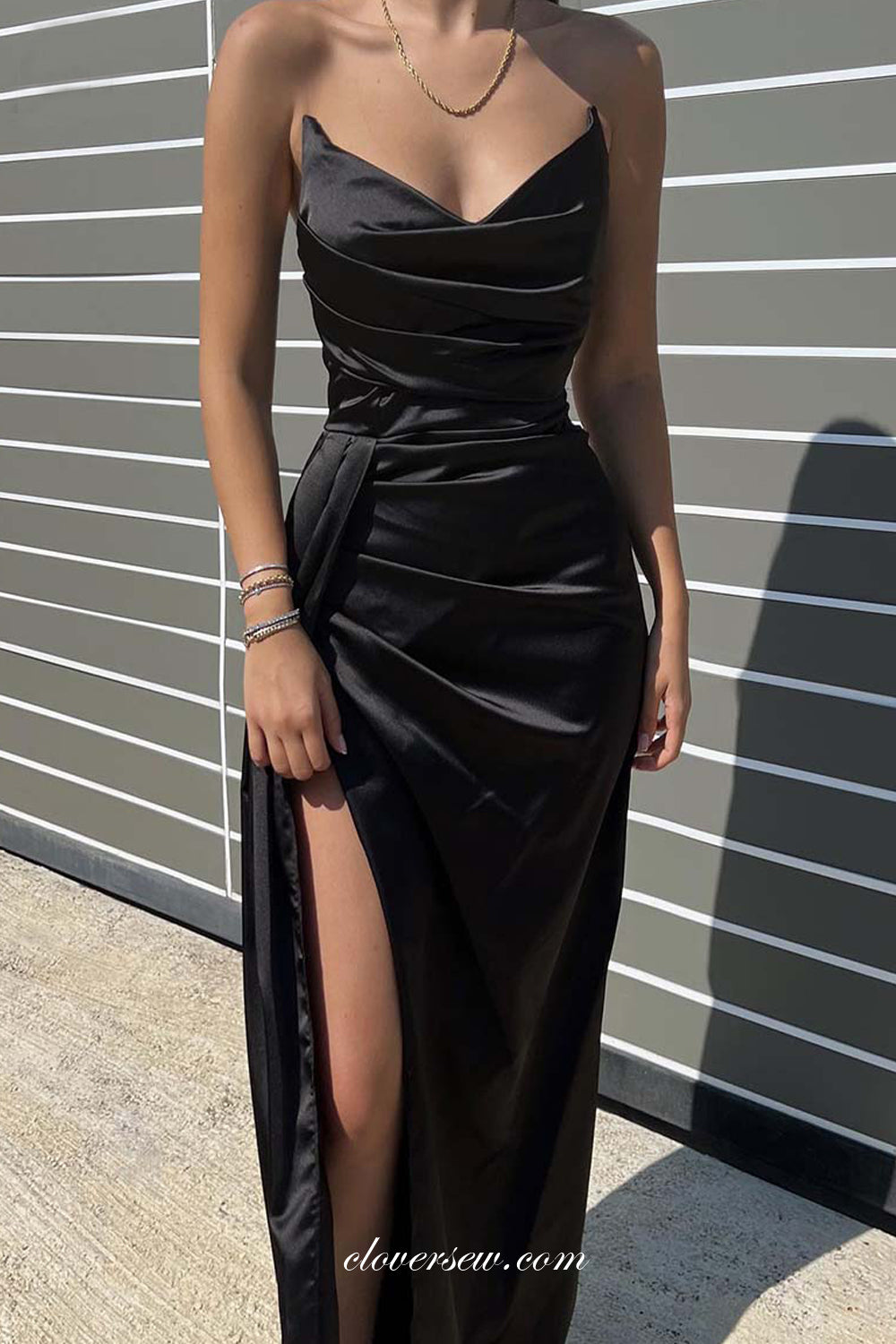 Royal Blue Satin V-neck Strapless High Slit Formal Dresses, CP1054
