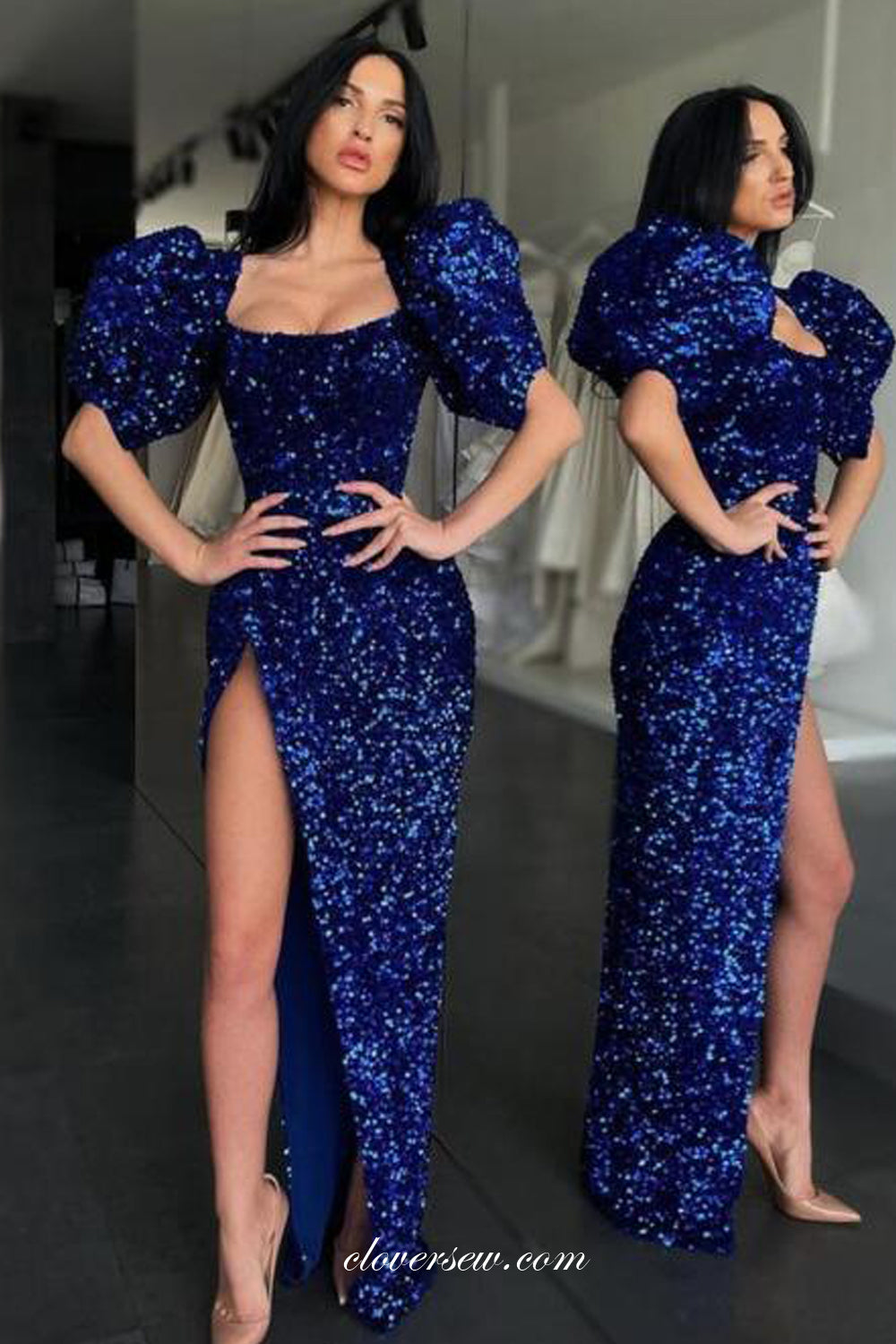 Royal Blue Sequin Half Lantern Sleeves Sheath High Slit Formal Dresses, CP1118