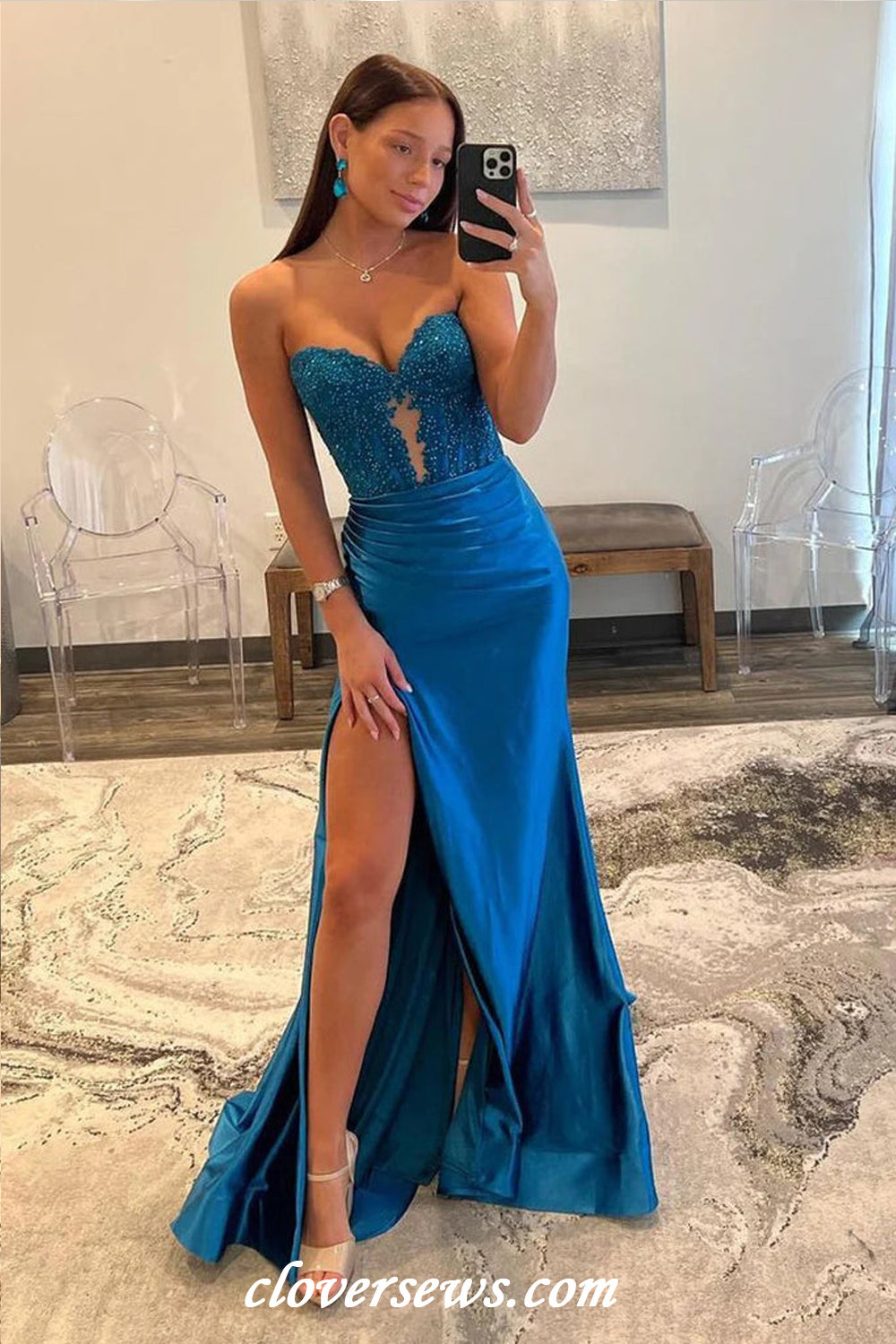 Royal Blue Sequined Lace Strapless Mermaid With Silt Prom Dresses, CP1132