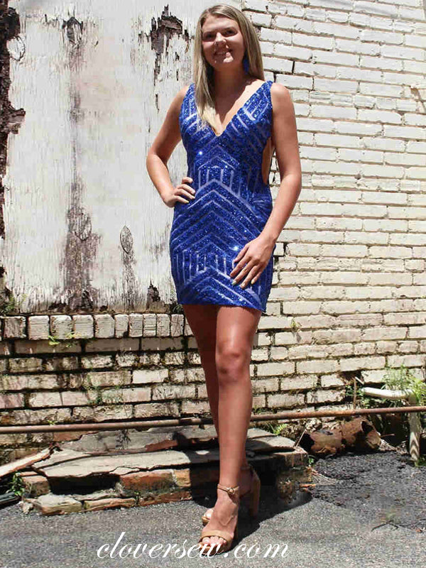 Royal Blue Sequined V-neck Sleeveless Shiny Popular Sheath Homecoming Dresses, CH0060