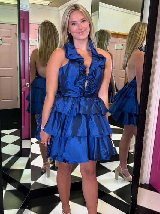 Royal Blue Shiny Satin Bubble Halter Sleeveless Tiered A-line Short Homecoming Dresses, CH0111