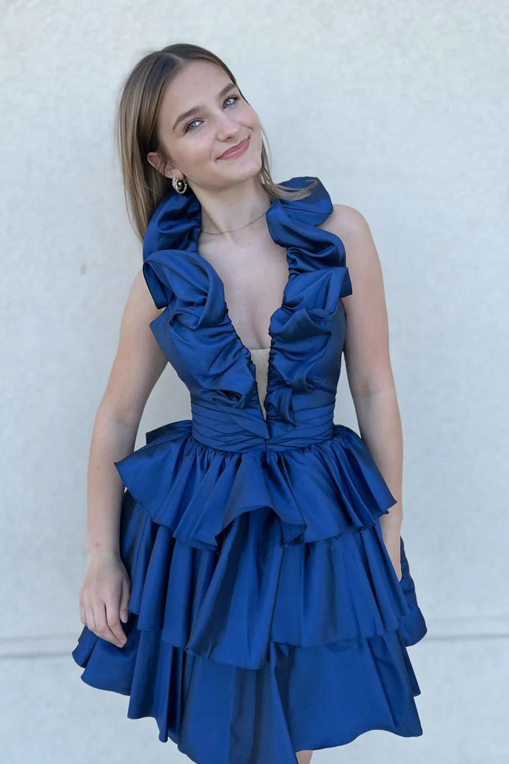 Royal Blue Shiny Satin Bubble Halter Sleeveless Tiered A-line Short Homecoming Dresses, CH0111