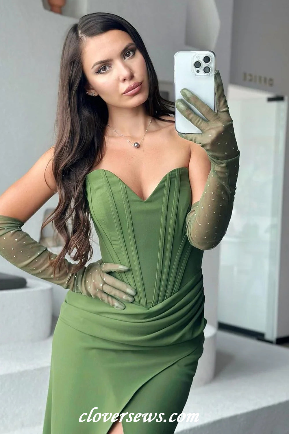 Sage Green Strapless Sheath High Slit Formal Dresses With Gloves, CP1185 Sage Green Strapless Sheath High Slit Formal Dresses With Gloves, CP1185