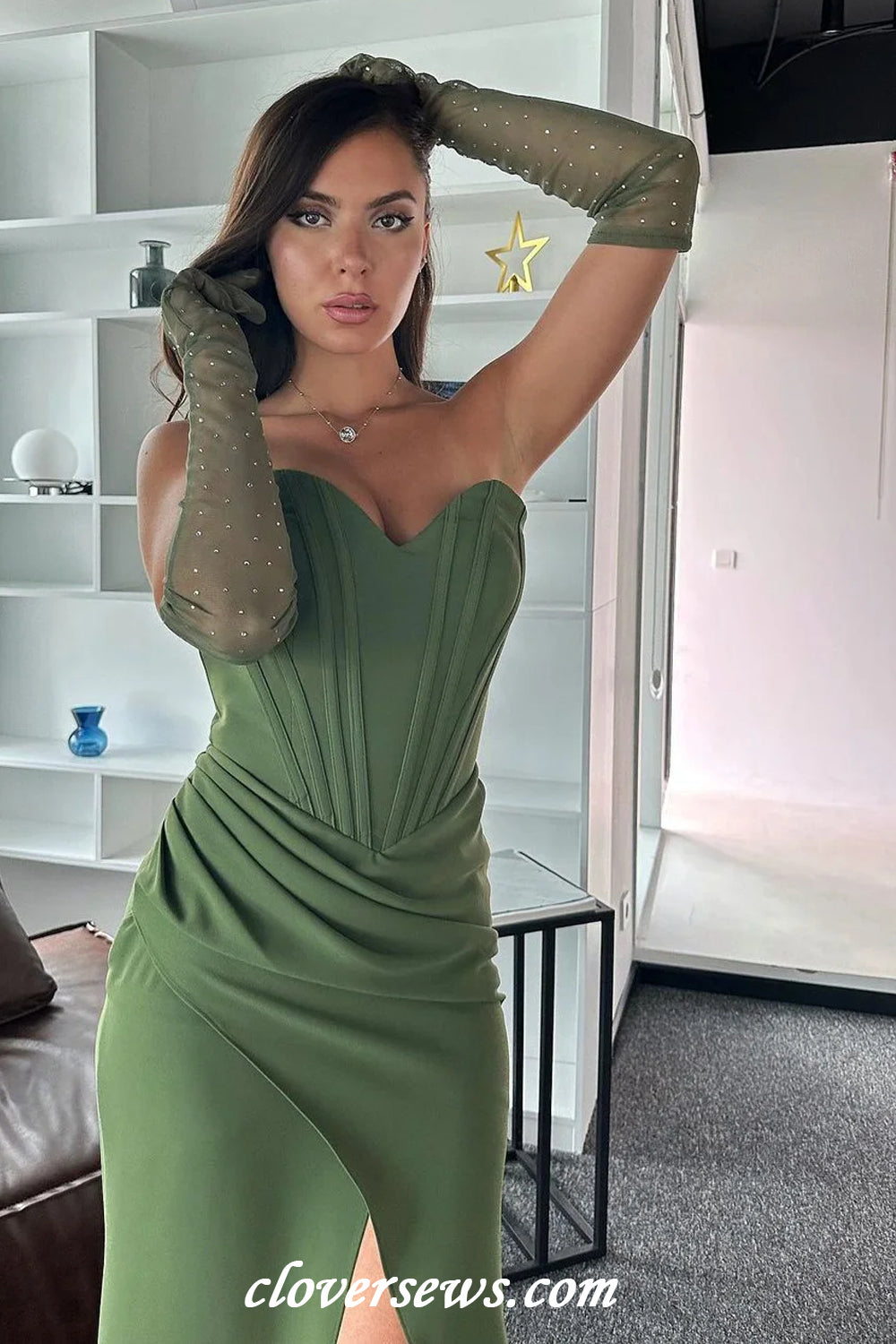 Sage Green Strapless Sheath High Slit Formal Dresses With Gloves, CP1185 Sage Green Strapless Sheath High Slit Formal Dresses With Gloves, CP1185