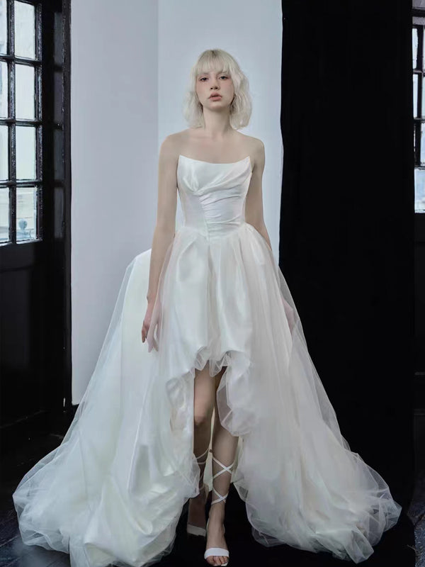 Satin Corset With Irregular Peplum Skirt Modern Asymmetrical Wedding Gown, CW0434