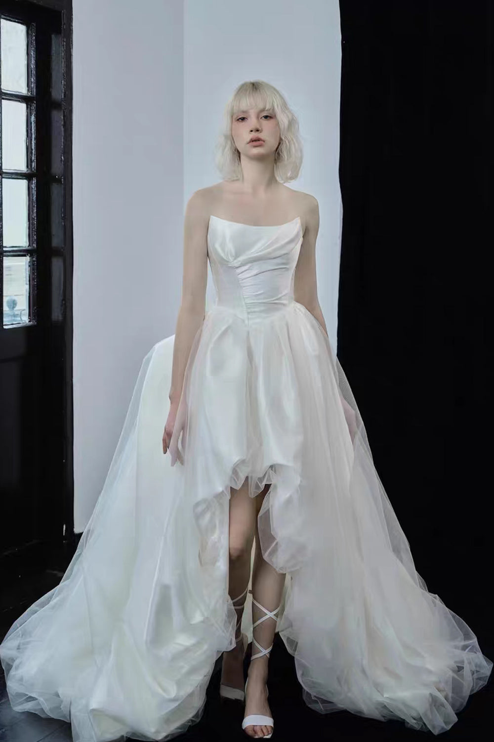 Satin Corset With Irregular Peplum Skirt Modern Asymmetrical Wedding Gown, CW0434