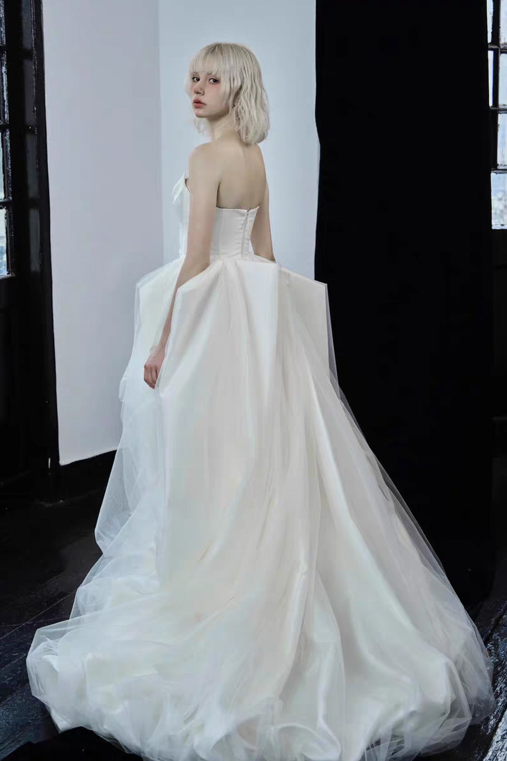 Satin Corset With Irregular Peplum Skirt Modern Asymmetrical Wedding Gown, CW0434