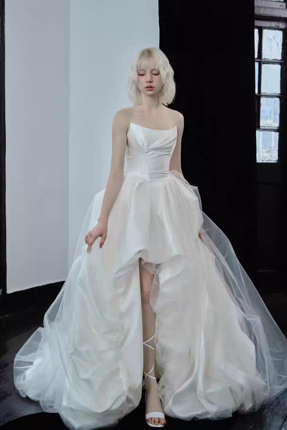 Satin Corset With Irregular Peplum Skirt Modern Asymmetrical Wedding Gown, CW0434