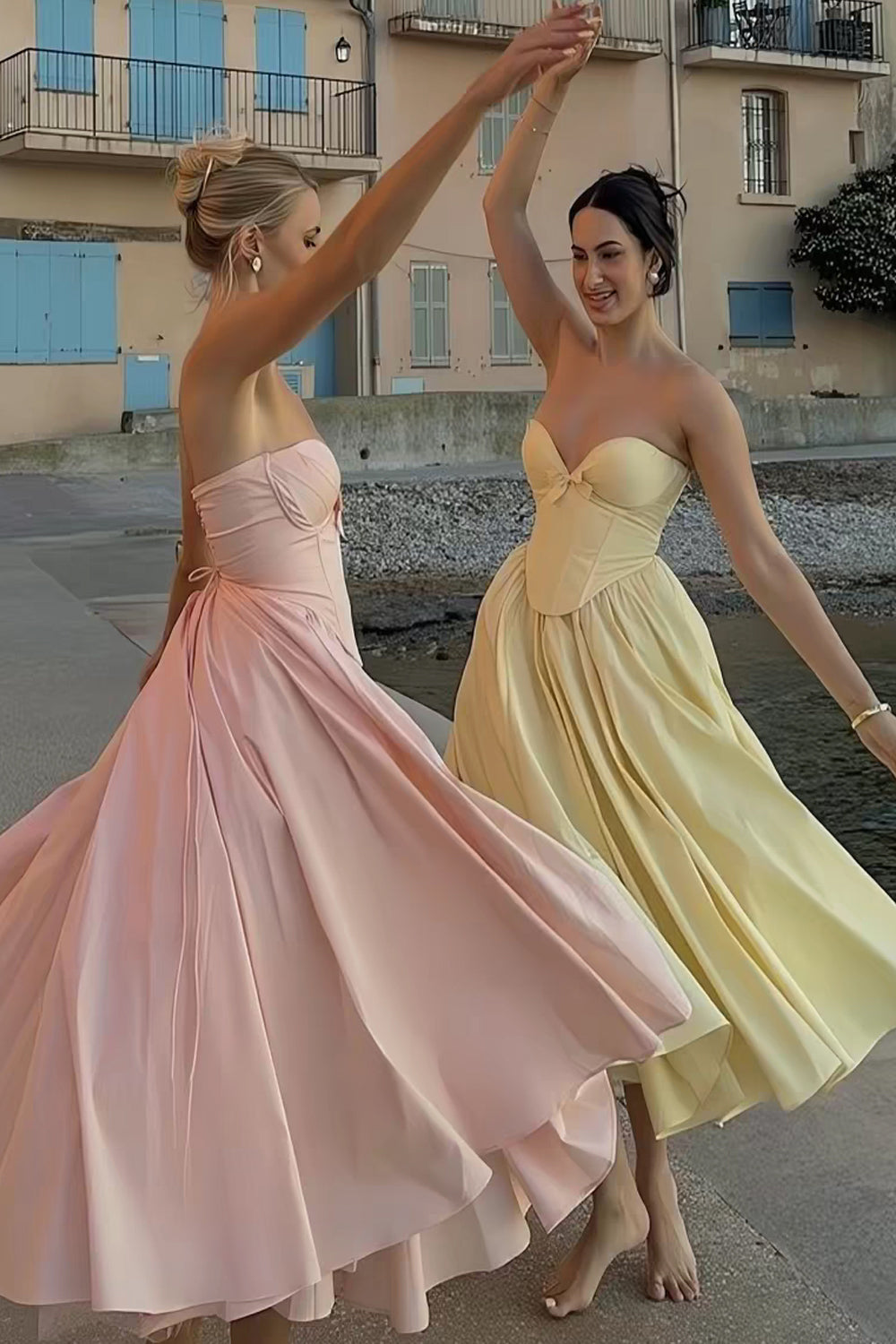 Satin Strapless Corset Top Fluffy A-line Skirt Ankle Length Prom Dresses,  CP1102