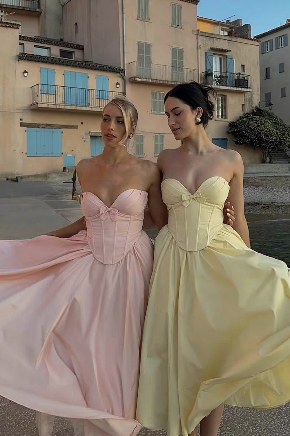Satin Strapless Corset Top Fluffy A-line Skirt Ankle Length Prom Dresses, CP1102