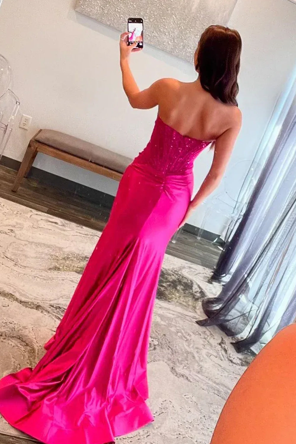 Sequined Lace Sweetheart Strapless Mermaid Side Slit Prom Dresses, CP1210