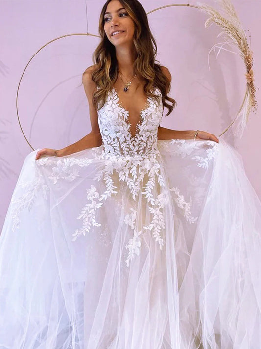 Shiny Beaded Lace Applique Glitter Tulle V-neck Sleeveless A-line Wedding Dresses, CW0428