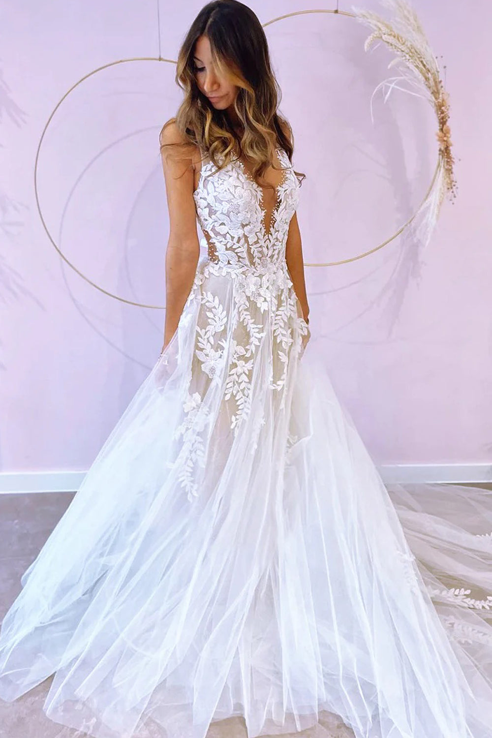 Shiny Beaded Lace Applique Glitter Tulle V-neck Sleeveless A-line Wedding Dresses, CW0428