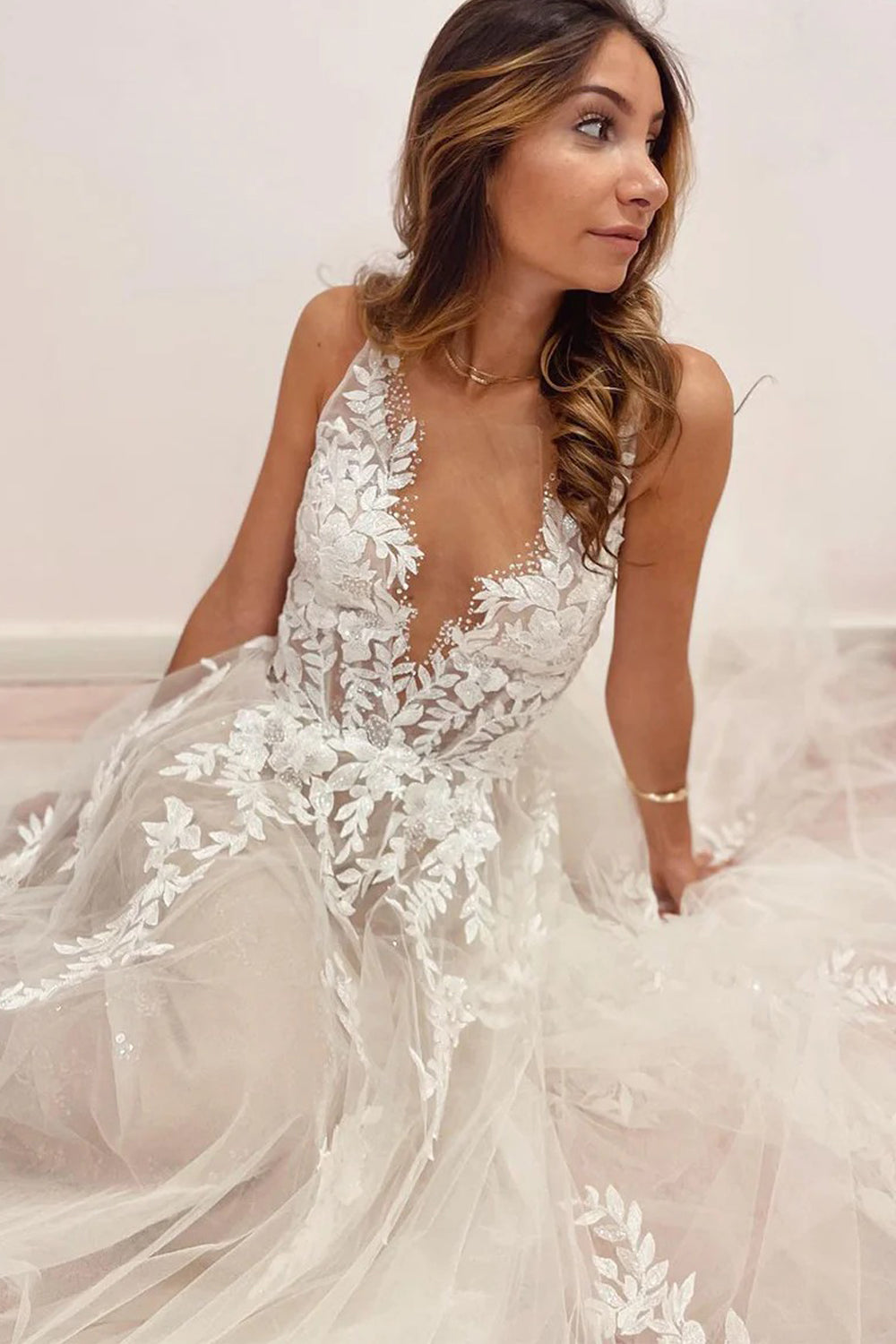 Shiny Beaded Lace Applique Glitter Tulle V-neck Sleeveless A-line Wedding Dresses, CW0428