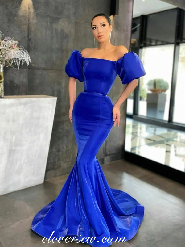 Shiny Satin Royal Blue Off The Shoulder Mermaid Prom Dresses, CP1055