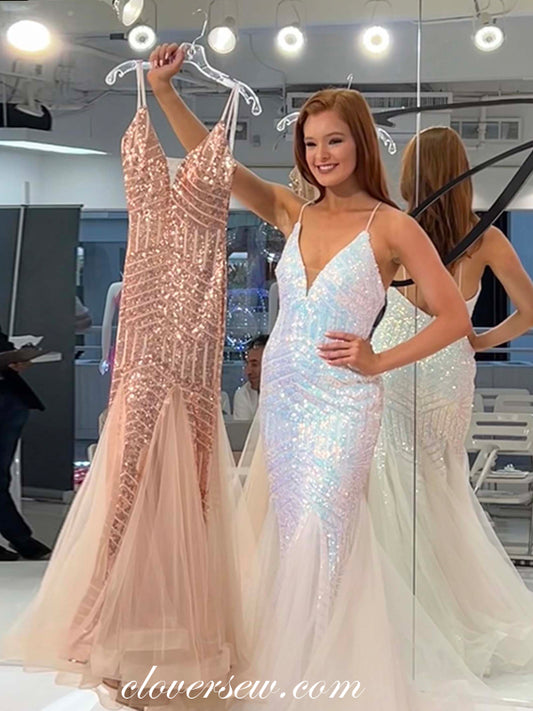 Shiny Sequined Tulle Spaghetti Strap Mermaid V-neck Prom Dresses, CP1029