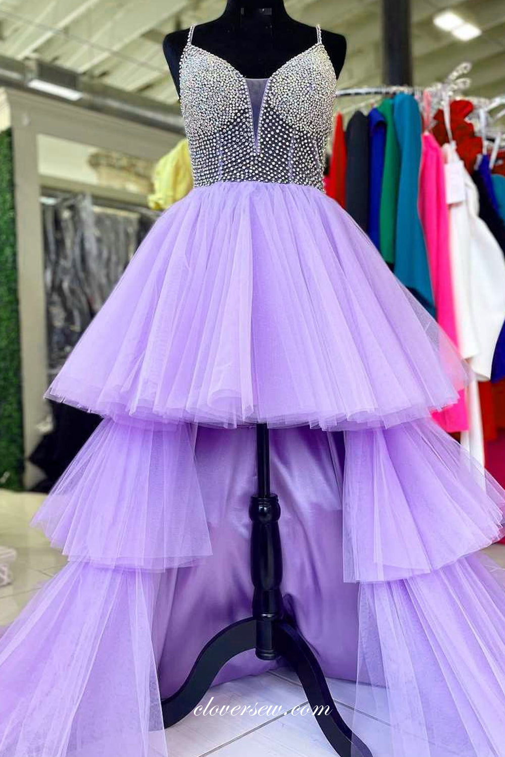Silver Beading Spaghetti Strap Lilac Tulle Tiered High Low Prom Dresses, CP1087