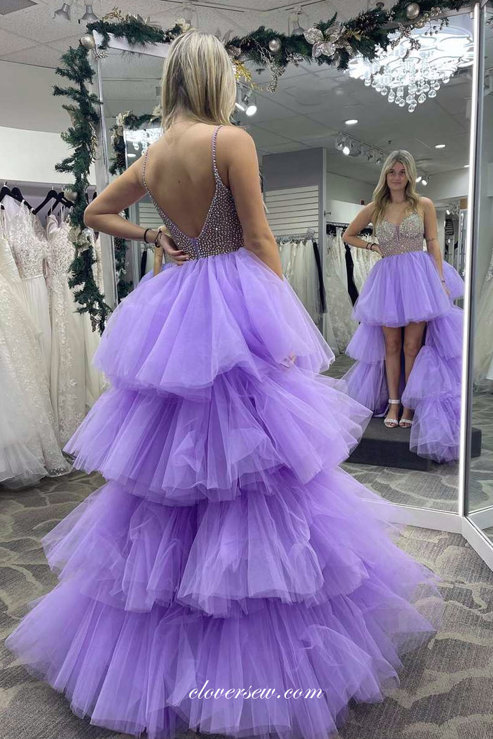 Silver Beading Spaghetti Strap Lilac Tulle Tiered High Low Prom Dresses, CP1087
