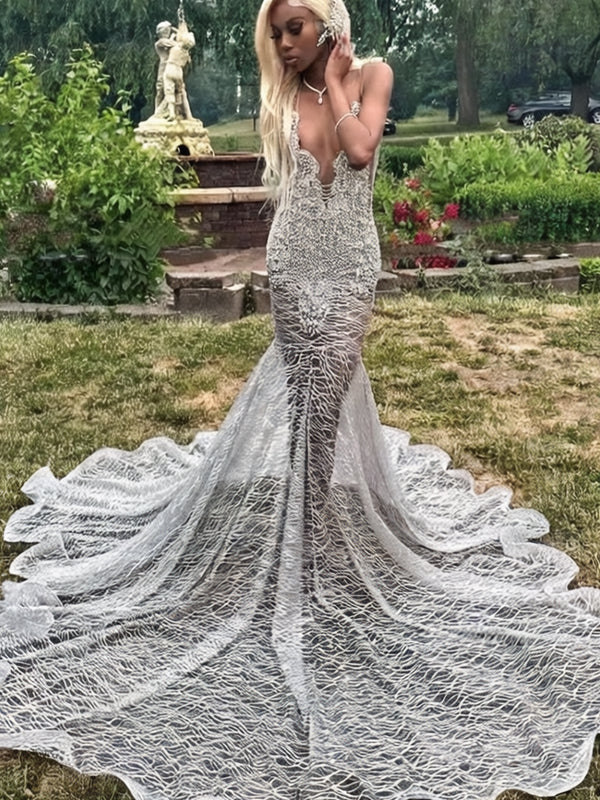 Silver Glitter Tulle Lace Applique Deep V-neck Mermaid Illusion Prom Dresses, CP1085