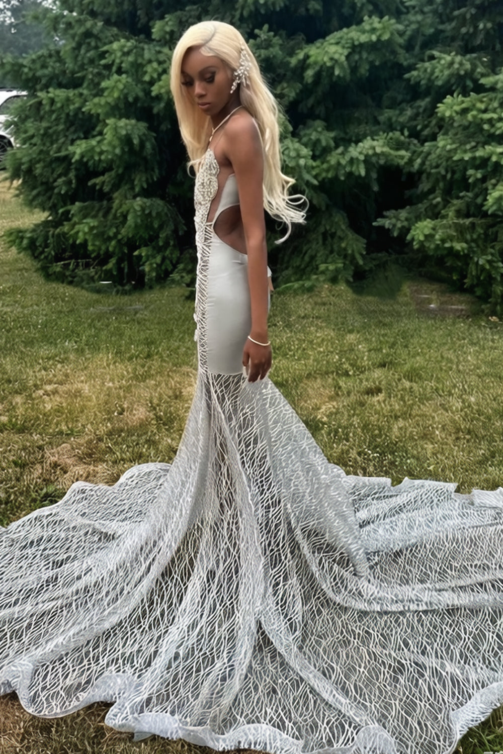 Silver Glitter Tulle Lace Applique Deep V-neck Mermaid Illusion Prom Dresses, CP1085