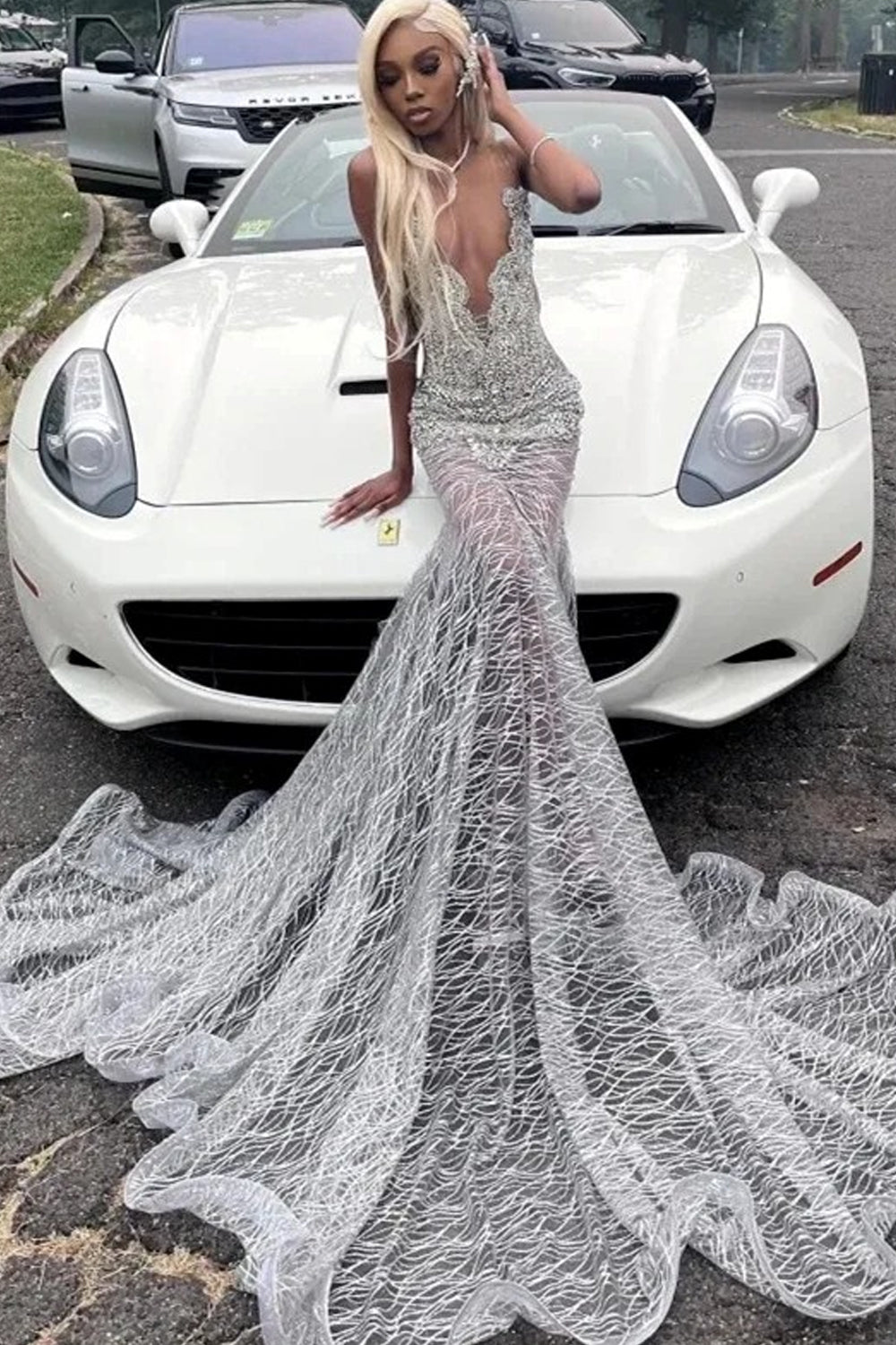 Silver Glitter Tulle Lace Applique Deep V-neck Mermaid Illusion Prom Dresses, CP1085