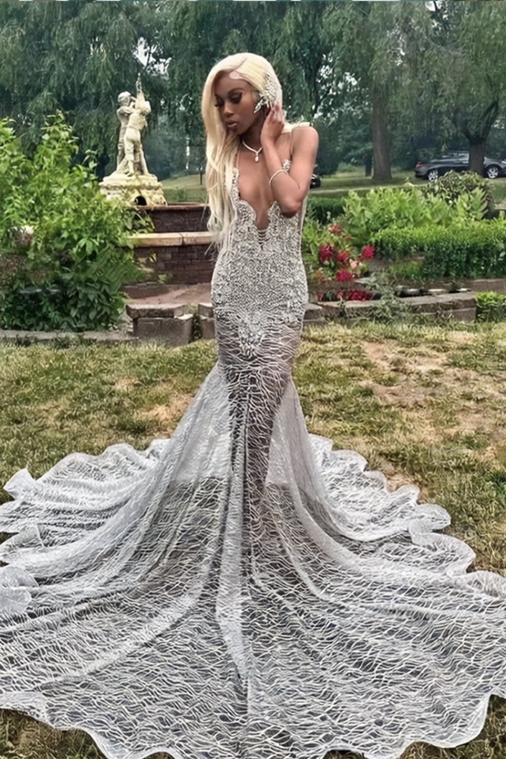 Silver Glitter Tulle Lace Applique Deep V-neck Mermaid Illusion Prom Dresses, CP1085