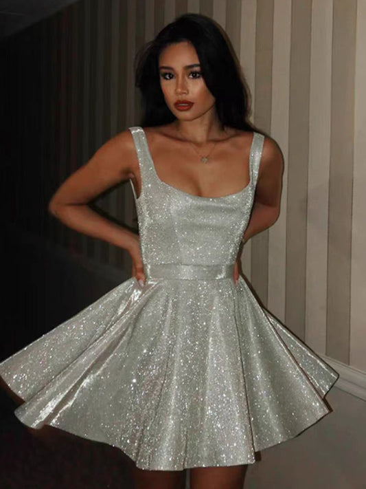 Silver Shiny Satin Sleeveless Scoop Neck A-line Sparkly Cocktail Party Homecoming Dresses, CH0103