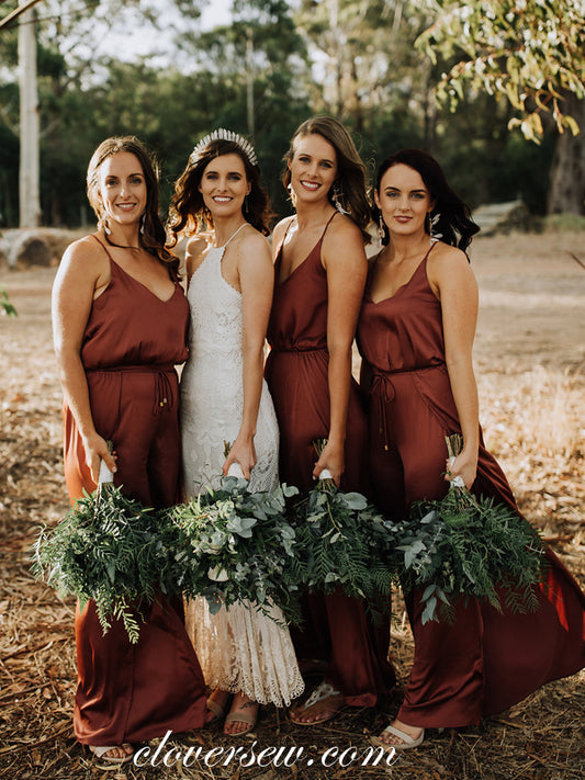 Simple Cheap V-neck Spaghetti Strap Column With Side Slit Long Bridesmaid Dresses, CB0299