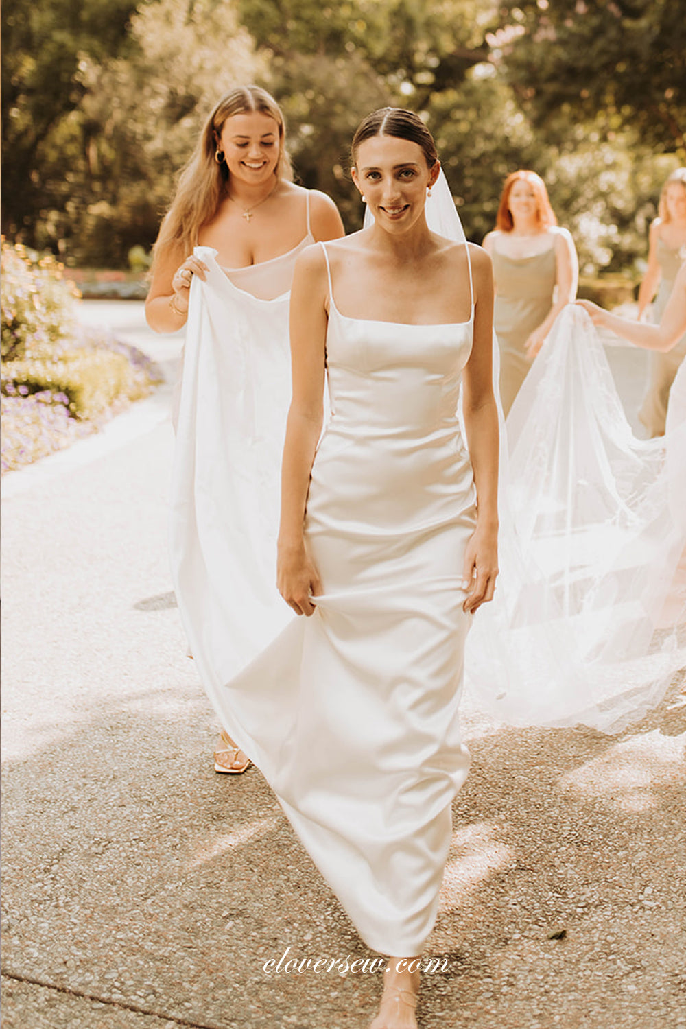 Simple Satin Square Neck Column With Train Wedding Dresses, CW0359