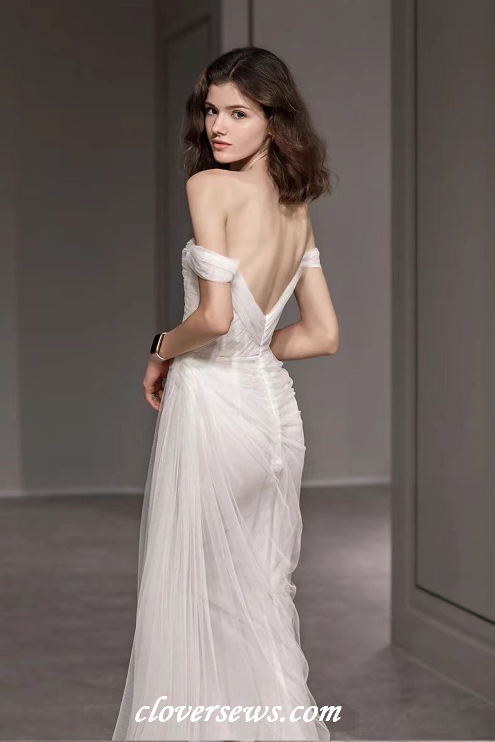 Simple Tulle Pleating Off The Shoulder Sheath With Side Slit Charming Wedding Dresses, CW0393