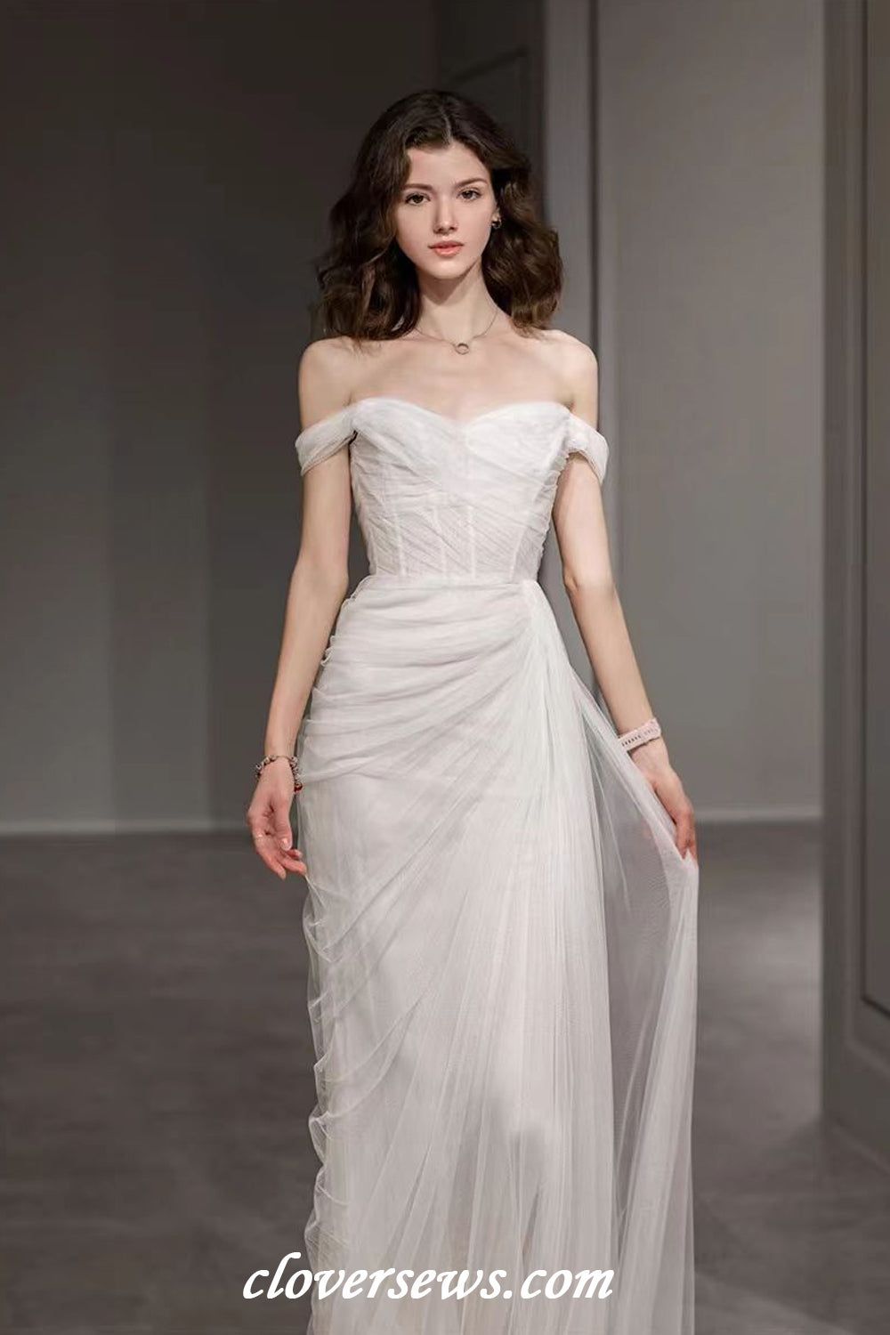 Simple Tulle Pleating Off The Shoulder Sheath With Side Slit Charming Wedding Dresses, CW0393