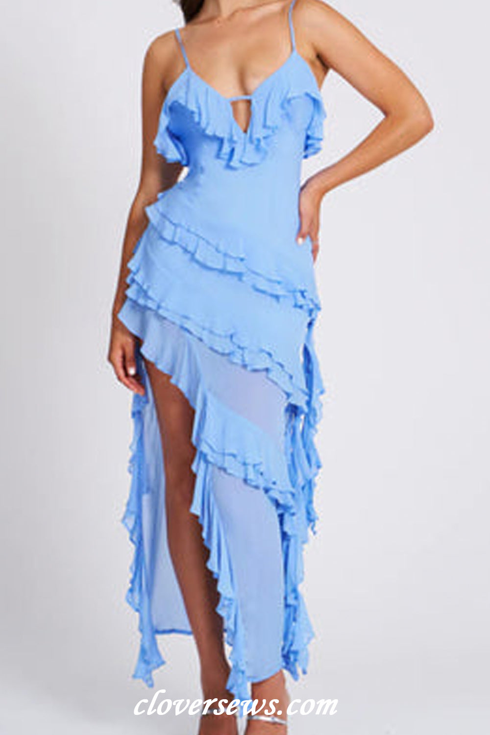 Sky Blue Chiffon Ruffles Column With Side Slit Ankle Length Bridesmaid Dresses, CB0315