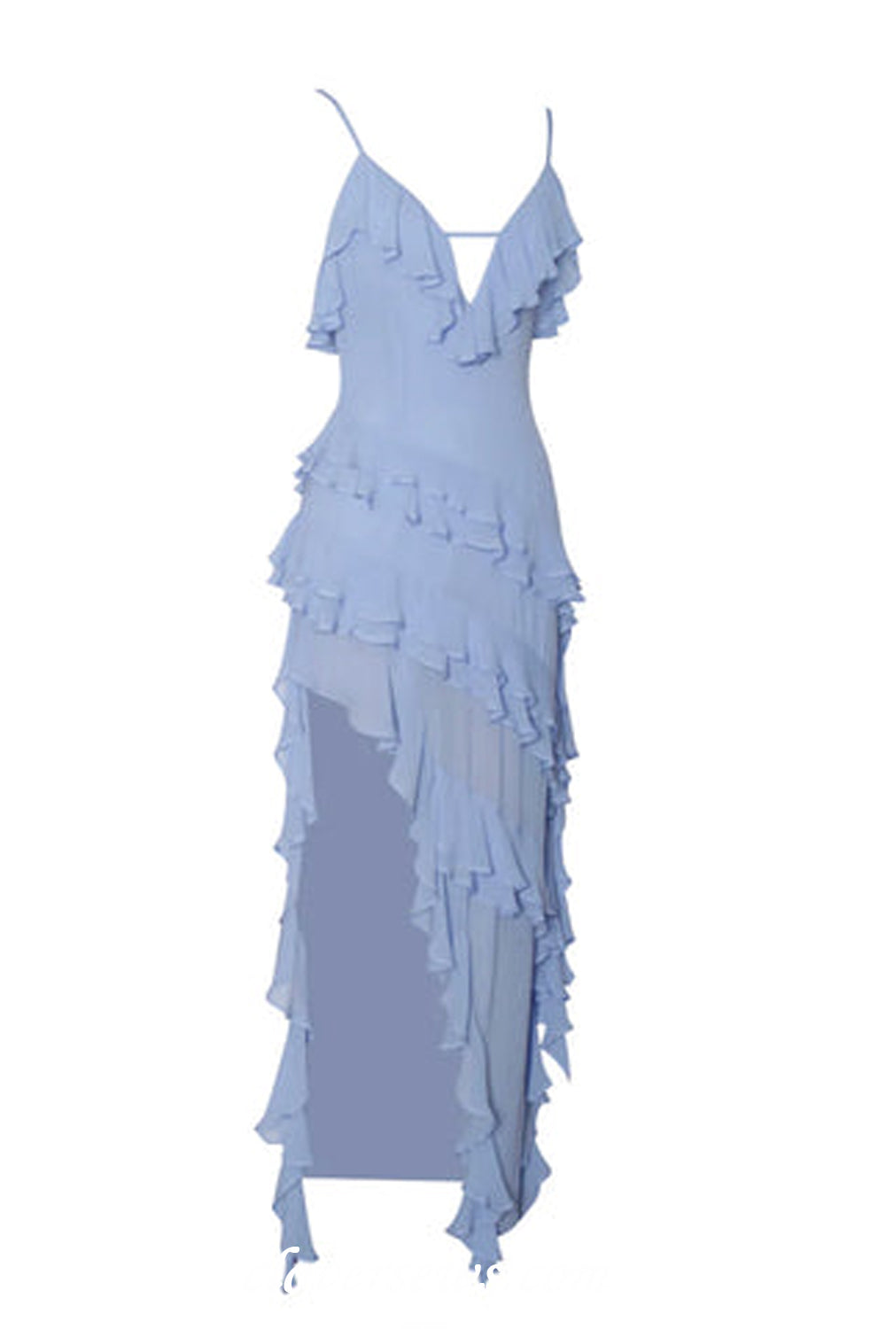 Sky Blue Chiffon Ruffles Column With Side Slit Ankle Length Bridesmaid Dresses, CB0315