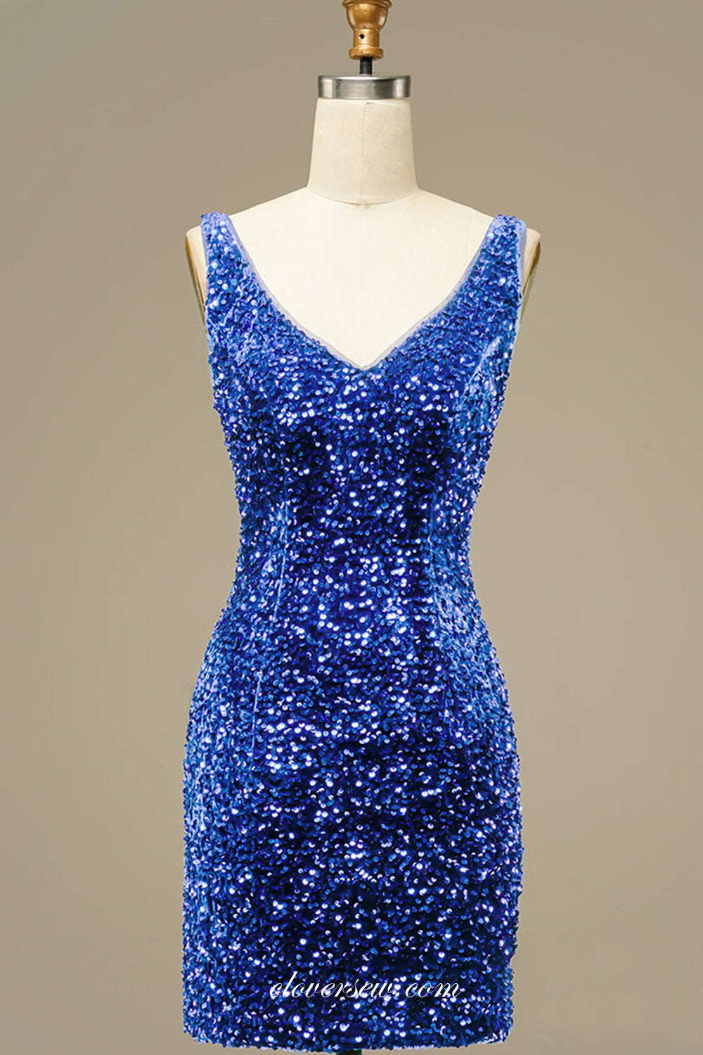 Sky Blue Sequin V-neck Sheath Sleeveless Short Shiny Party Dresses, CH0069