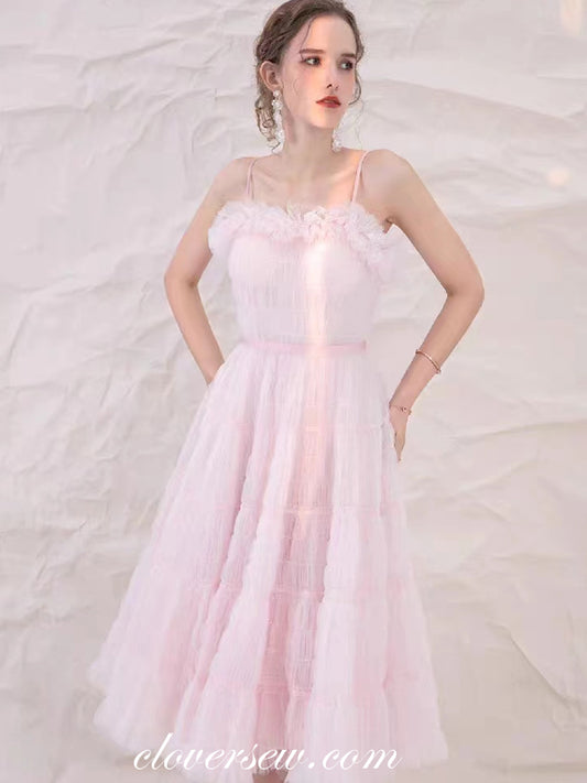 Soft Pink Ruffles Tulle Spaghetti Strap A-line Tea Length Party Dresses, CH0058