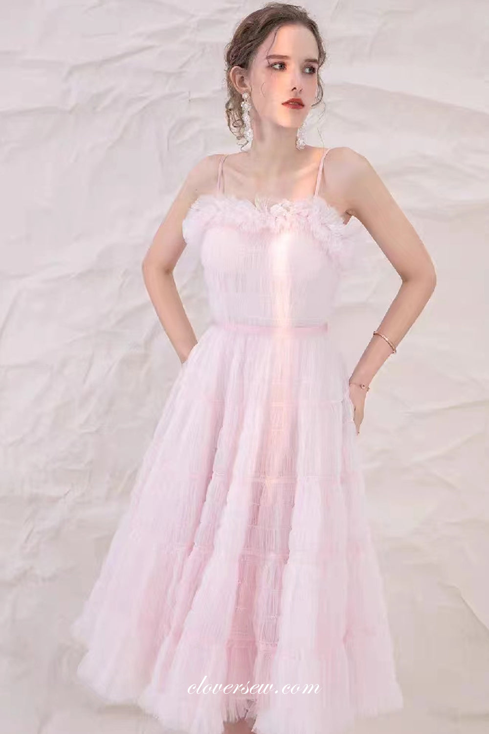 Soft Pink Ruffles Tulle Spaghetti Strap A-Line Tea Length Party Dresses, CH0058 US16 / Custom Color(Leaving A note) Soft Pink Ruffles Tulle Spaghetti Strap A-Line Tea Length Party Dresses, CH0058 US16 / Custom Color(Leaving A note)
