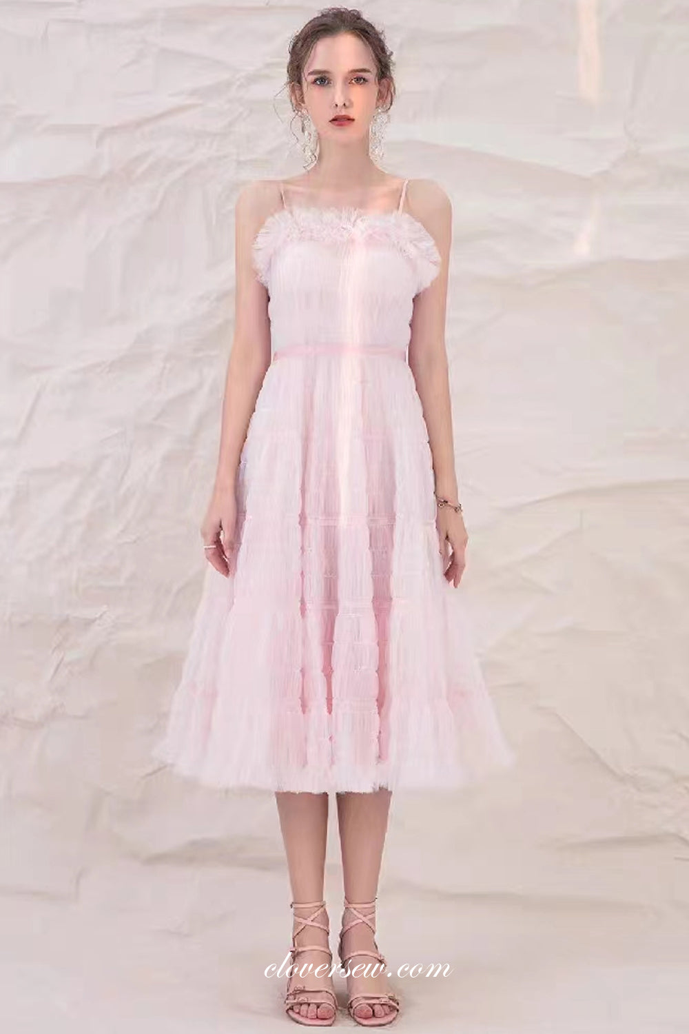 Soft Pink Ruffles Tulle Spaghetti Strap A-line Tea Length Party Dresses, CH0058
