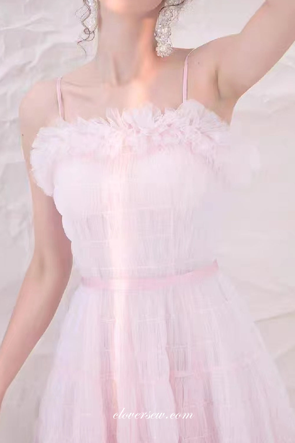 Soft Pink Ruffles Tulle Spaghetti Strap A-line Tea Length Party Dresses, CH0058