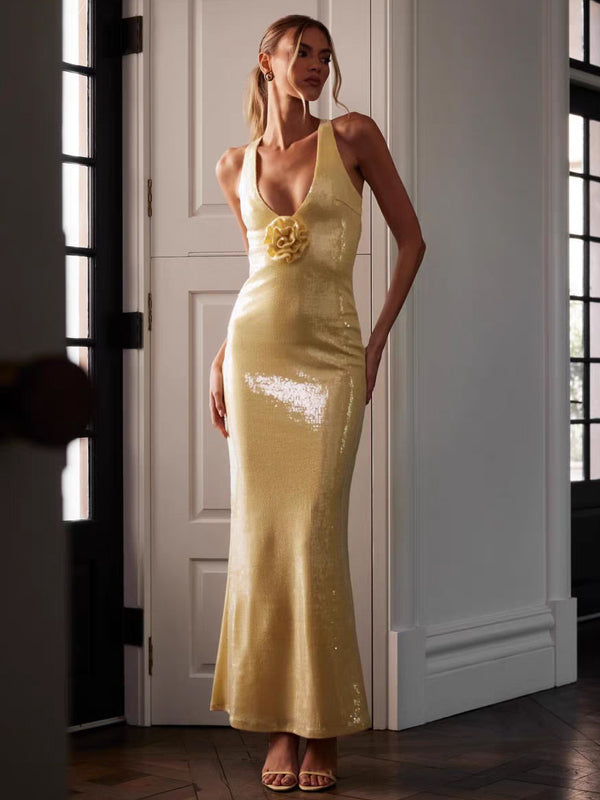 Soft Yellow Sequin Criss-cross Open Back Mermaid Shiny Prom Dresses, CP1059