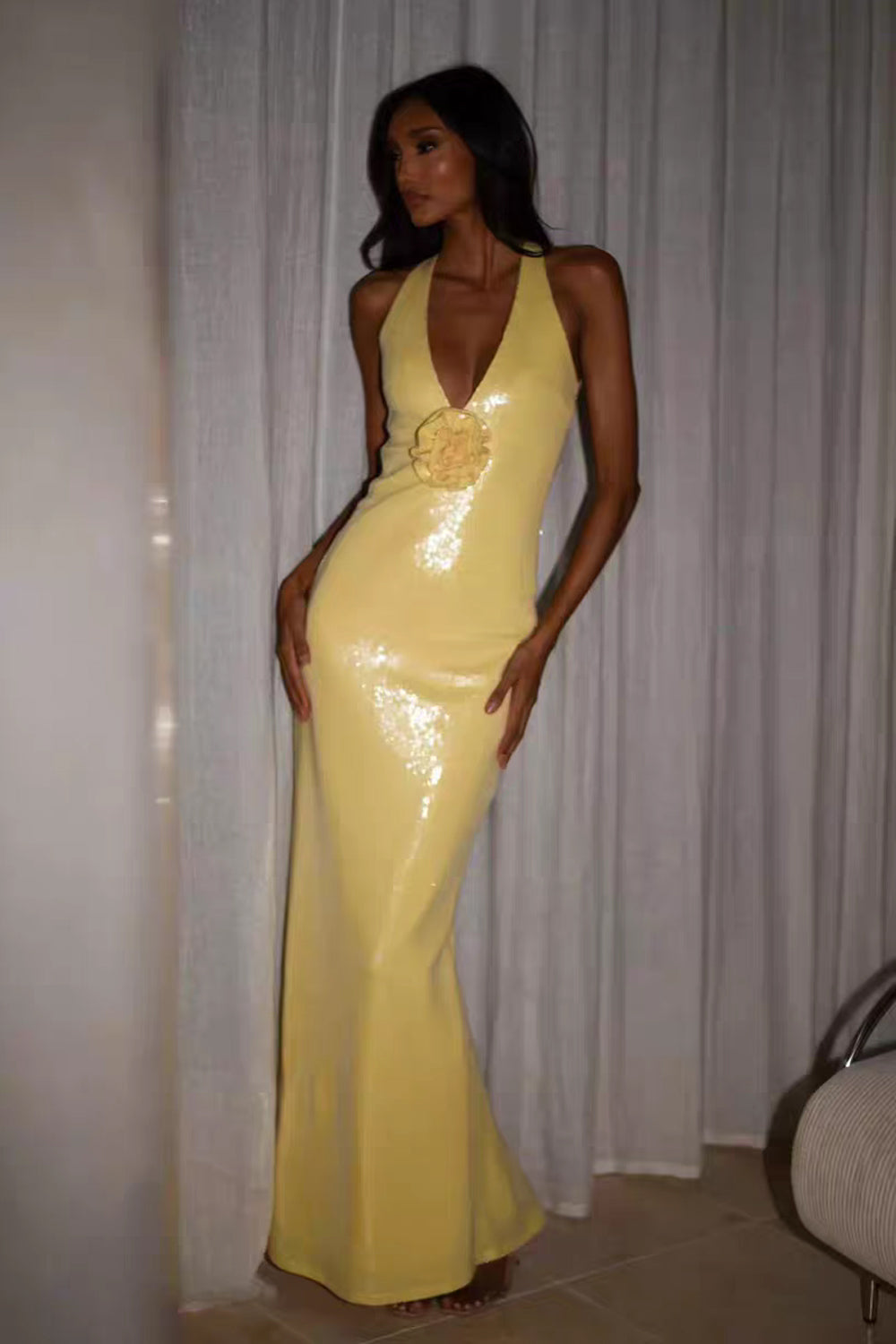 Soft Yellow Sequin Criss-cross Open Back Mermaid Shiny Prom Dresses, CP1059