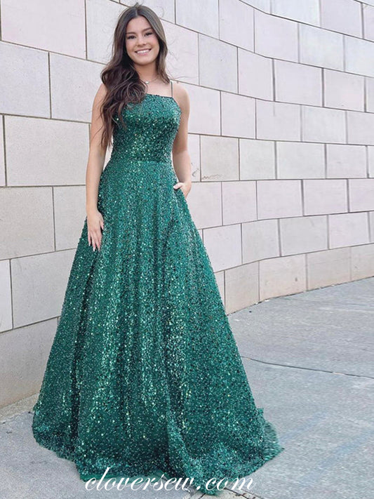 Sparkly Dark Green Sequined Tulle Spaghetti Strap Lace Up Back A-line Shiny Prom Dresses, CP1079