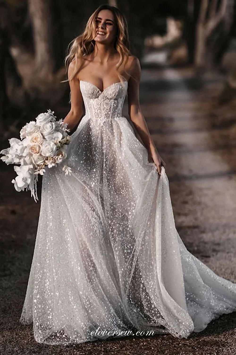 Sparkly Glitter Tulle Lace Applique Strapless A-Line Shiny Wedding Dresses, CW0386 US12 / As Pic Sparkly Glitter Tulle Lace Applique Strapless A-Line Shiny Wedding Dresses, CW0386 US12 / As Pic