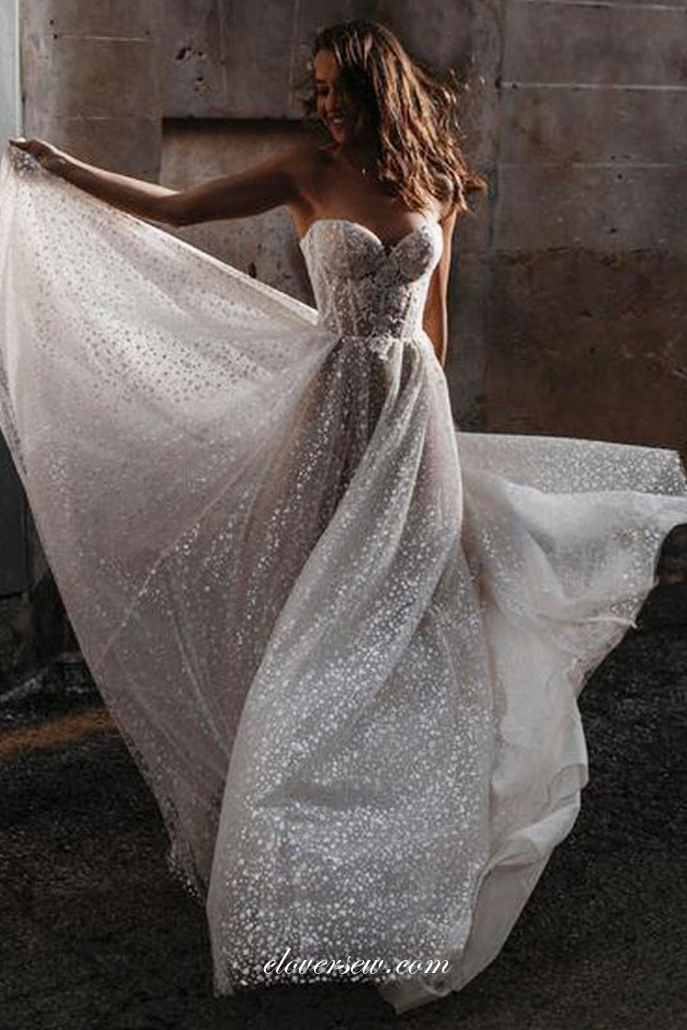 Sparkly Glitter Tulle Lace Applique Strapless A-line Shiny Wedding Dresses, CW0386