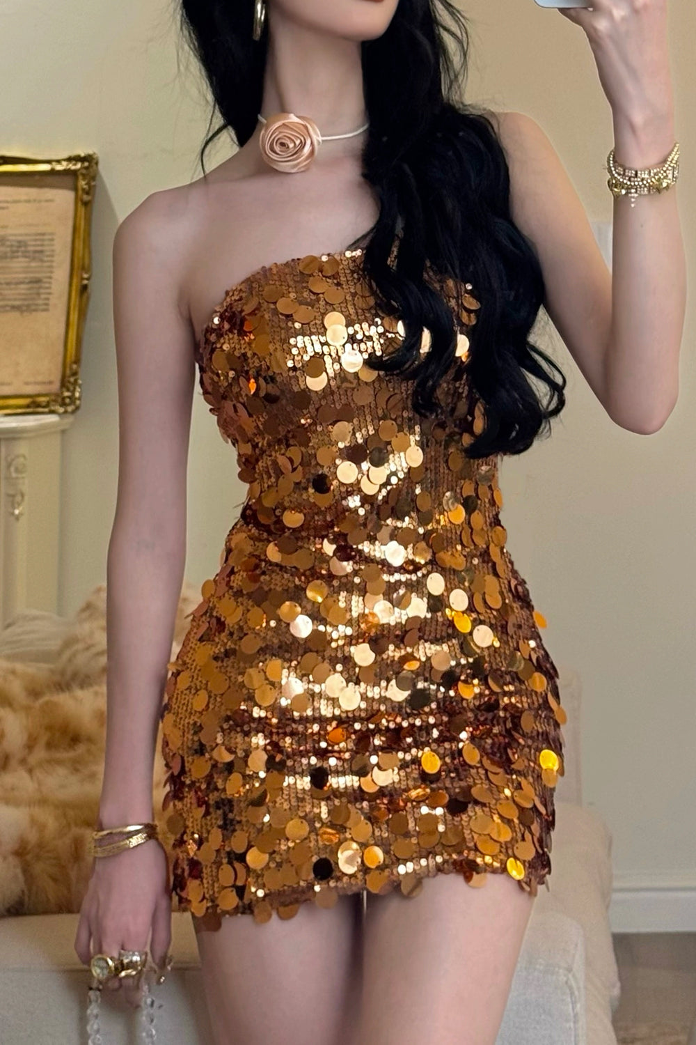 Sparkly Gold Sequin Strapless Sheath Shiny Short Party Dresses, CH0131