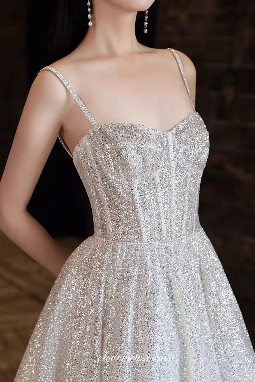 Sparkly White Glitter Tulle Spaghetti Strap Puffy A-Line Shiny Wedding Dresses, CW0377 US12 / As Pic Sparkly White Glitter Tulle Spaghetti Strap Puffy A-Line Shiny Wedding Dresses, CW0377 US12 / As Pic