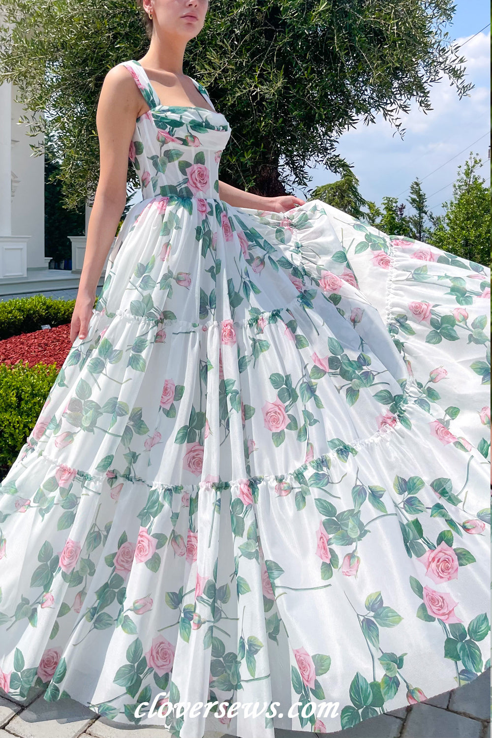 Square Neck Sleeveless Charming Floral Printed A-line Spring Dresses