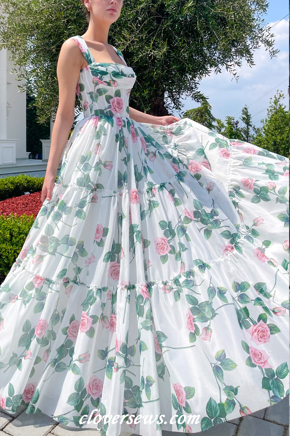 Square Neck Sleeveless Charming Floral Printed A-line Spring Dresses, CP1137