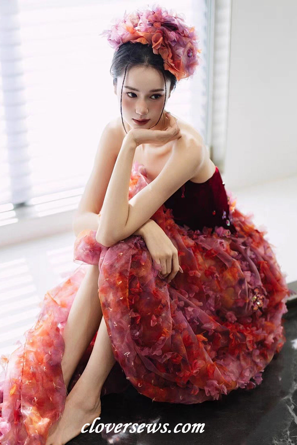 Strapless Gradient Red 3D Flowers Sequined Bud With Slit Spring Dresses, CP1136