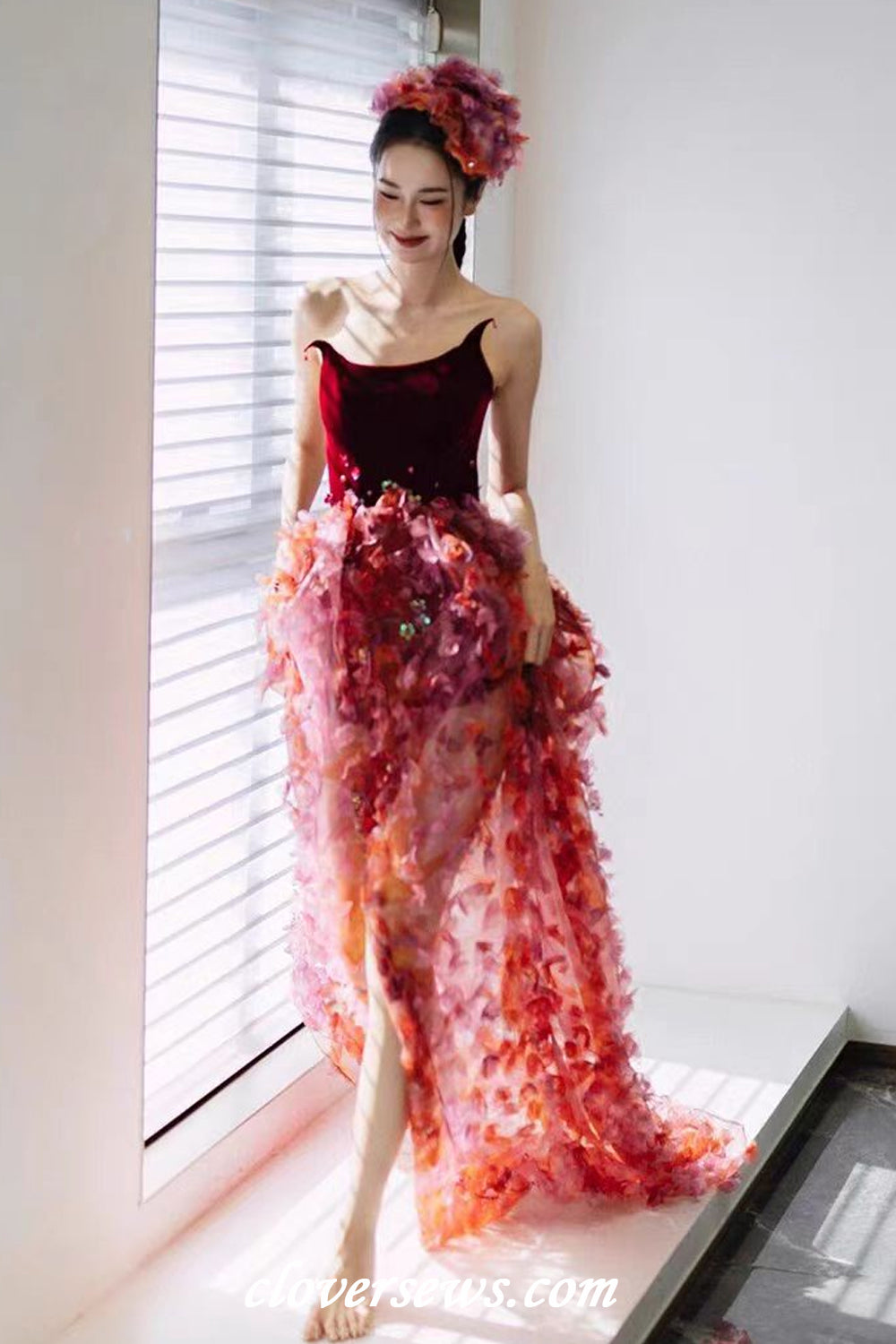 Strapless Gradient Red 3D Flowers Sequined Bud With Slit Spring Dresses, CP1136