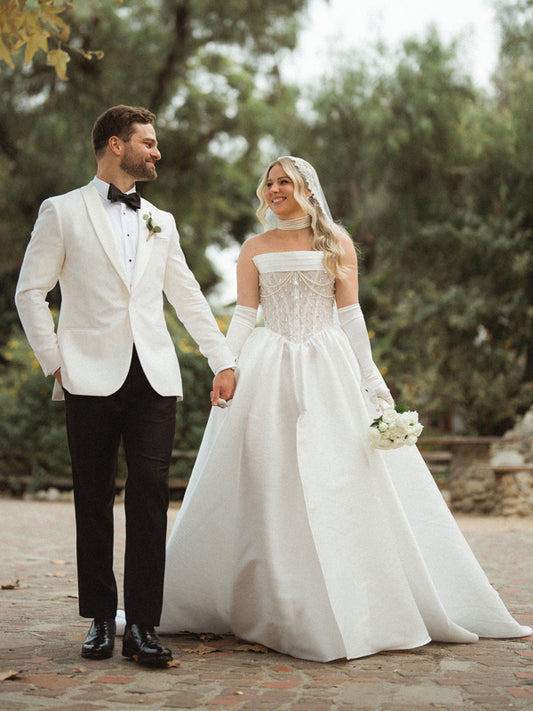 Stunning Beads and Pearls Satin Strapless Ball Gown Wedding Dresses, CW0441